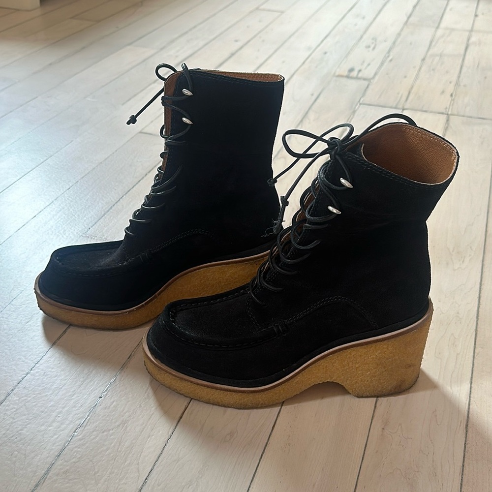 rag & bone Black Suede Lace-Up Platform Boots with Tan Crepe Sole